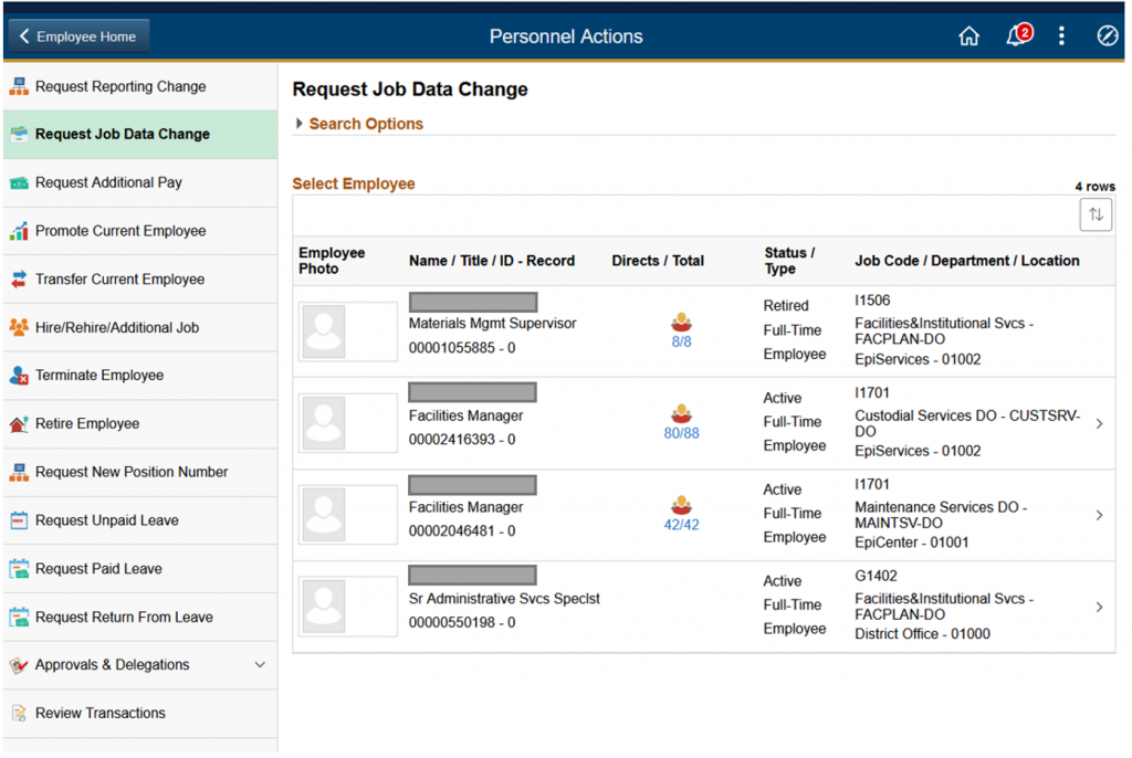 Guided Self-Service for managers labeled personnel actions, showing both delivered and custom transactions Guided Self-Service for managers labeled personnel actions, showing both delivered and custom transactions